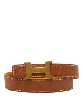 Hermes Constance Buckle Reversible Belt 65 Brown Yellow Leather